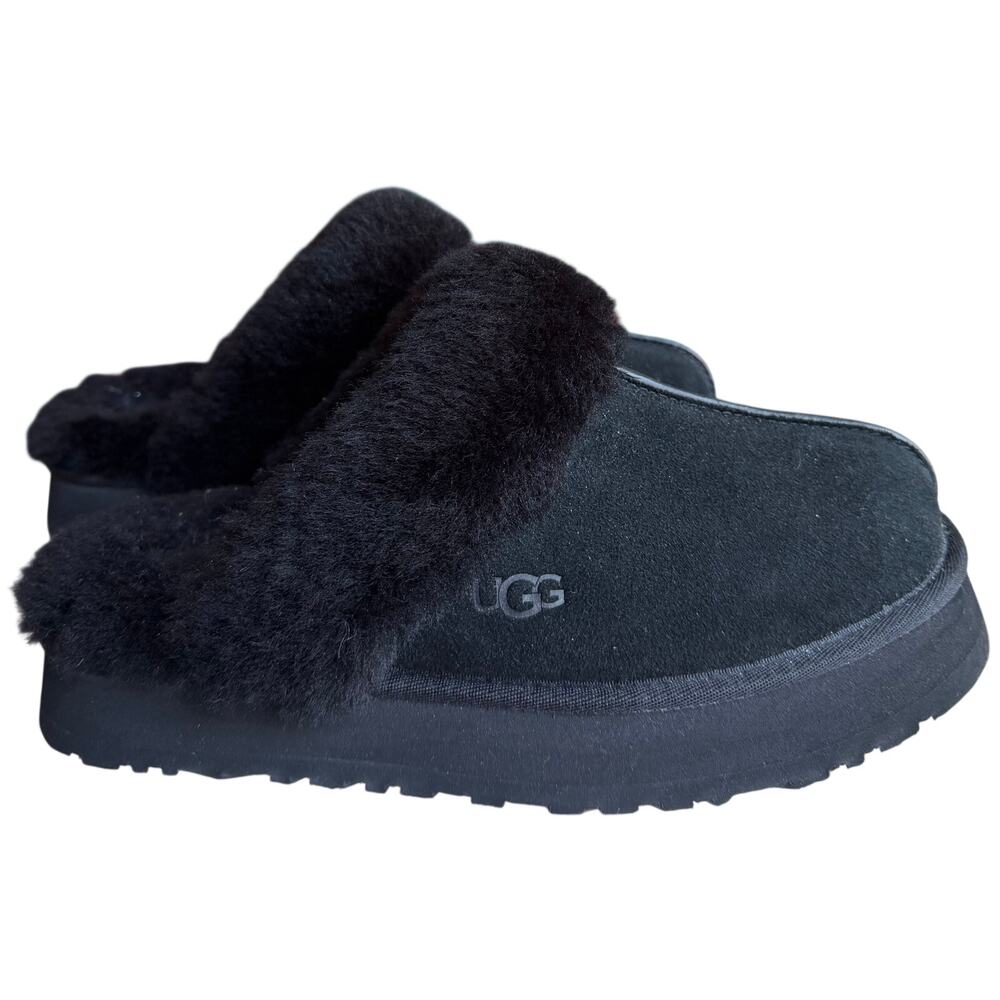 UGG DISQUETTE PLATFORM SLIP ON WOMENS US 10 BLACK SUEDE WOOL SLIDE